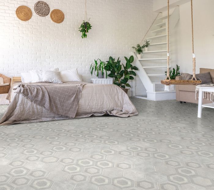 Piastrella gres porcellanato esagono effetto cemento bianco decoro geometrico 15x17.3 cm Sp 9