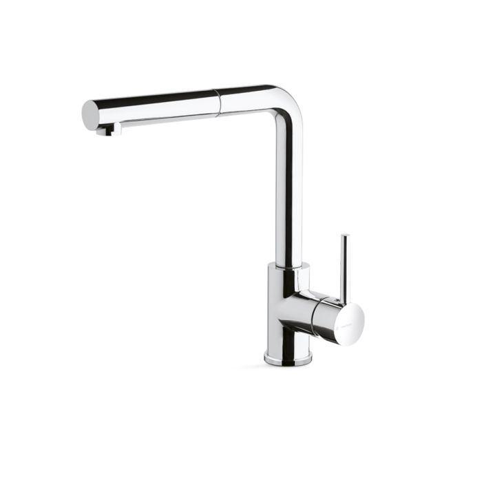 Miscelatore monocomando per lavello cucina con canna “L” girevole. Flessibili di alimentazione F3/8” della Collezione Piace di Vema