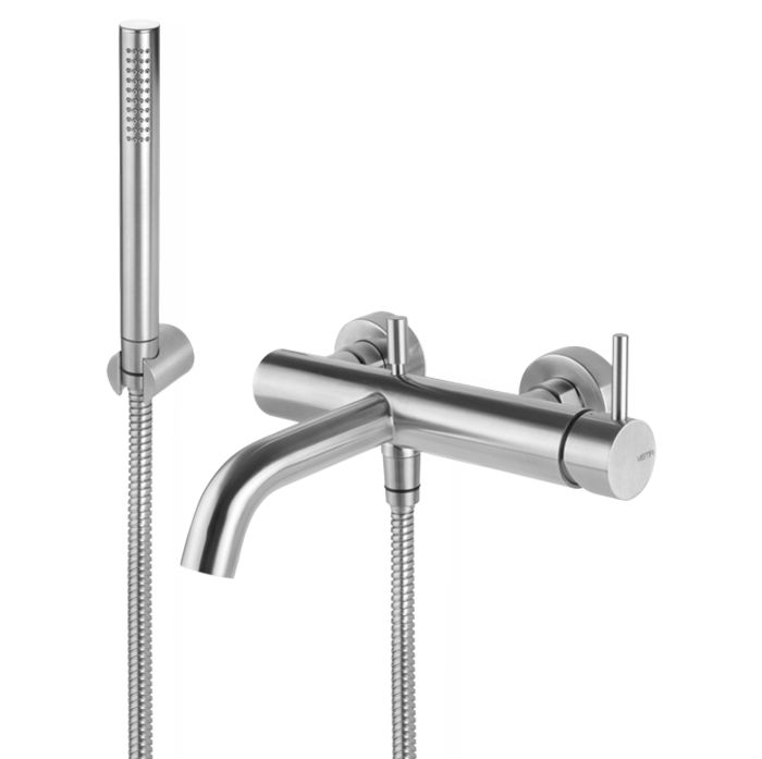 Gruppo vasca esterno completo di supporto fisso, flessibile e doccetta in acciaio inox timber steel di Vema
