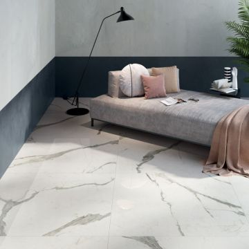 Piastrelle in gres porcellanato effetto marmo statuario Lucido della collezione Sensi di Abk-120x120 cm - 9mm