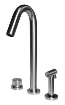 Gruppo 3 fori lavello cucina con bocca girevole, miscelatore con cartuccia progressiva e set doccia estraibile con deviatore automatico in acciaio spazzolato 316. Collezione TIME2020 CUCINA di Bongio