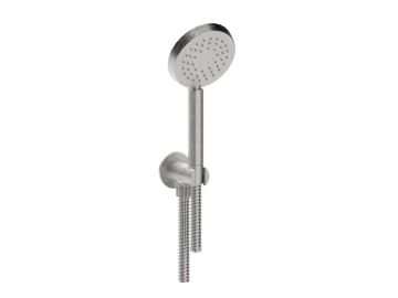 Set doccia duplex con erogazione con doccetta monogetto tonda Ø 110mm, in acciaio spazzolato 316. Collezione TIME2020 WELLNESS di Bongio