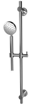 Saliscendi minimalista interamente realizzato in acciaio spazzolato 316, con doccetta monogetto tonda Ø 110 mm, supporti asta e PVC color inox. Collezione TIME2020 WELLNESS di Bongio