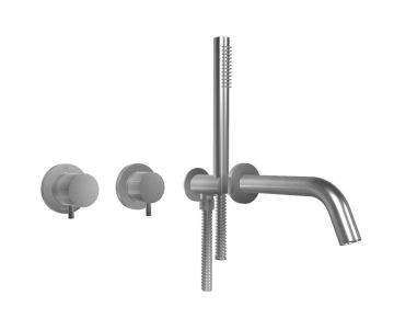 Gruppo vasca incasso in accaio spazzolato 316 con connessioni, miscelatore termostatico,deviatore due uscite, set doccetta e bocca separata Collezione Inox316 Time 2020 di Bongio